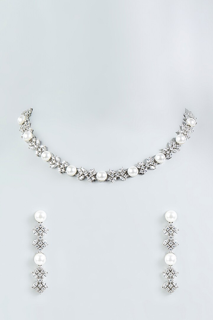 White Finish Zircon & Pearls Necklace Set by Aster at Pernia's Pop Up Shop