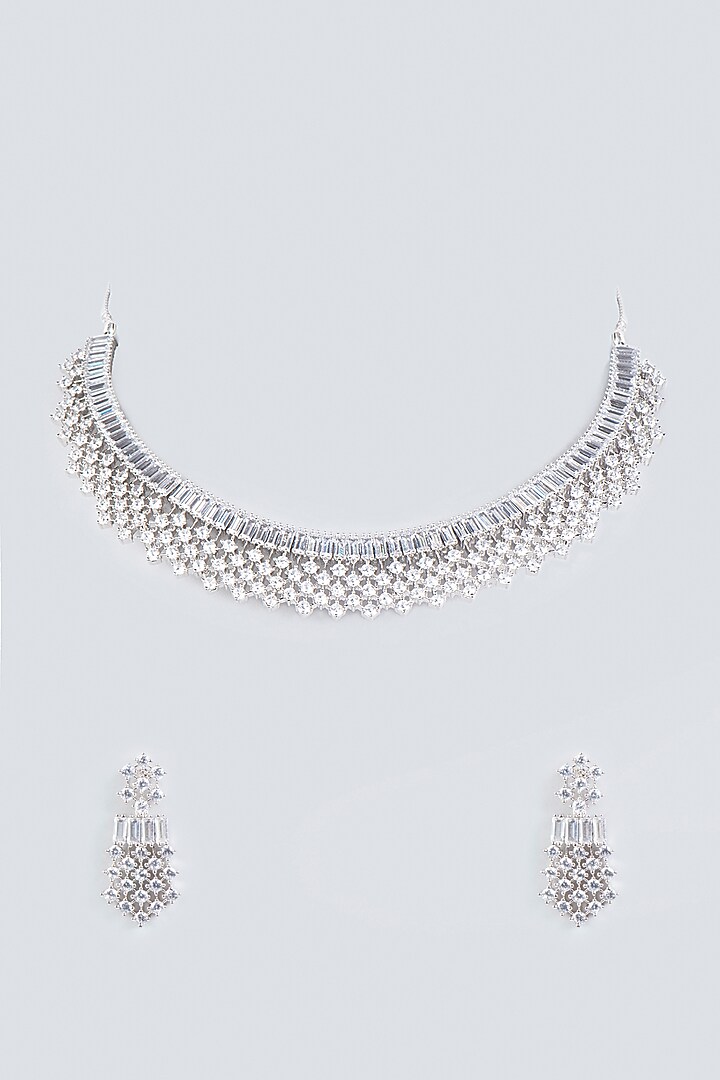 White Finish Mixed Metal Zircon Necklace Set by Aster at Pernia's Pop Up Shop
