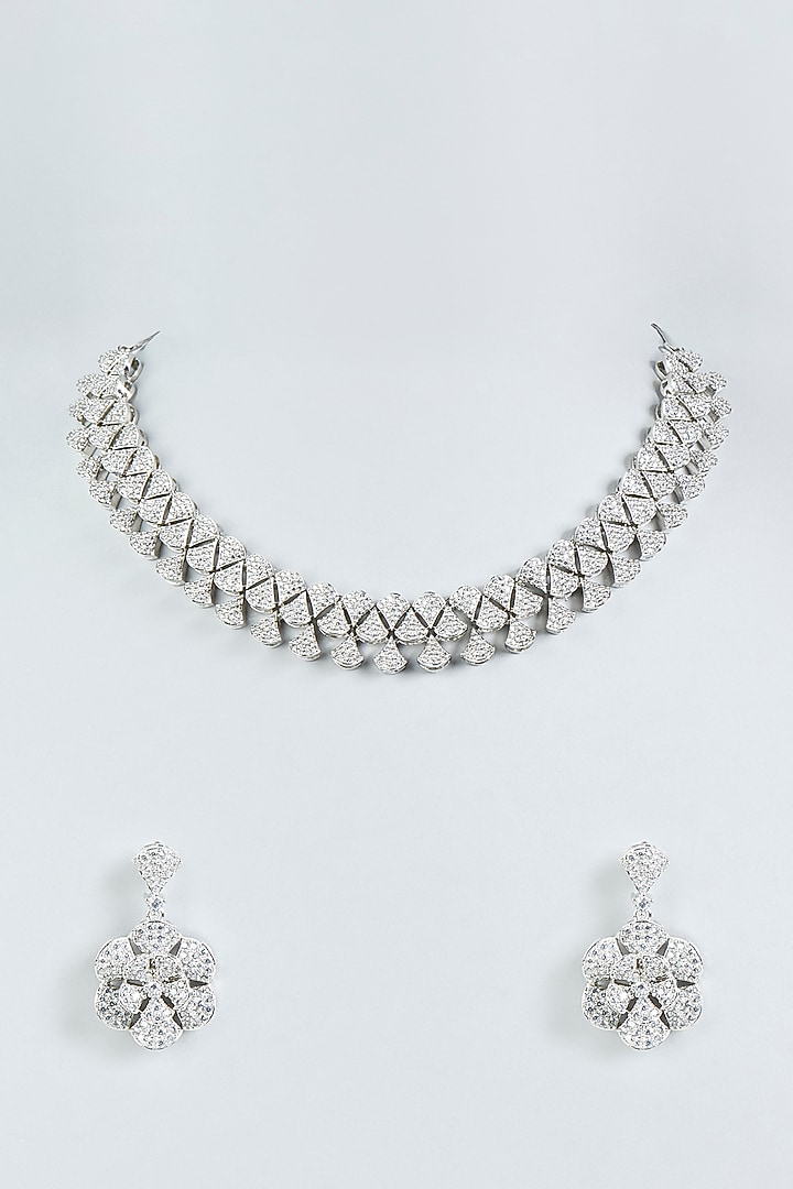 White Finish Zircon Necklace Set In Mixed Metal by Aster at Pernia's Pop Up Shop