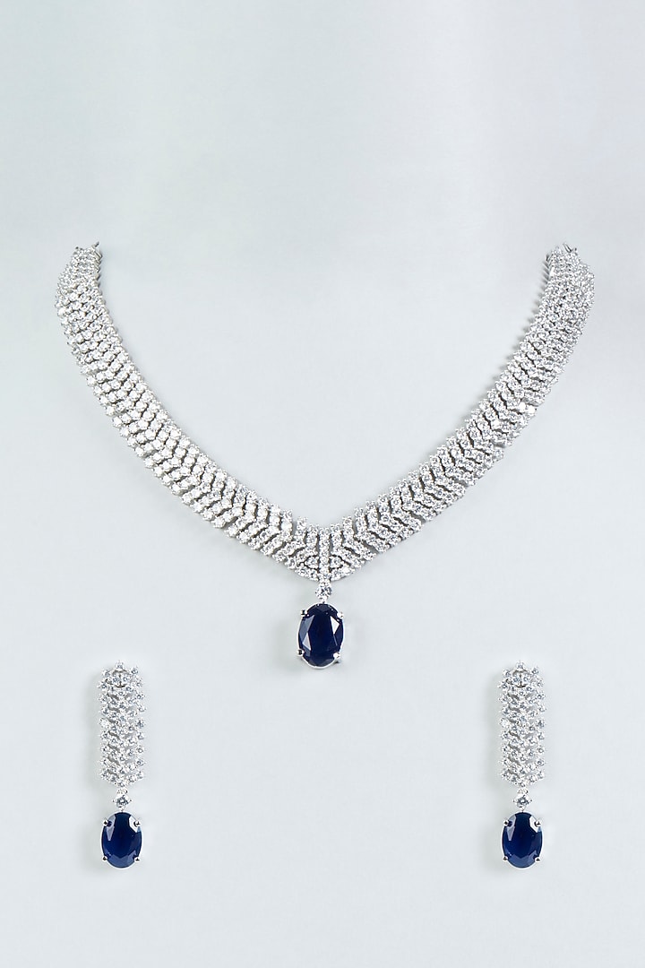 White Finish Blue Stone & Faux Diamond Necklace Set by Aster at Pernia's Pop Up Shop