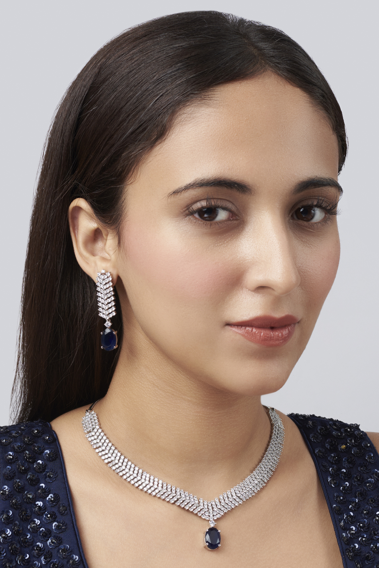 White Finish Blue Stone & Faux Diamond Necklace Set by Aster