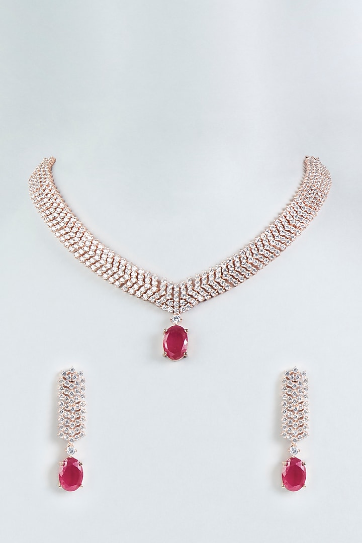 Rose Gold Finish Blue Stone Necklace Set by Aster at Pernia's Pop Up Shop
