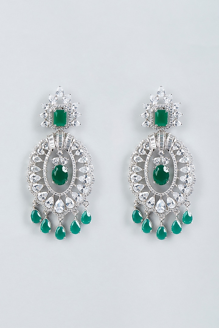 White Finish Green Stone & Faux Diamond Earrings by Aster at Pernia's Pop Up Shop