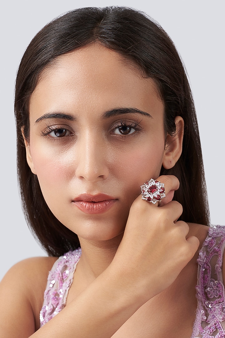 White Finish Faux Diamond & Red Stone Ring by Aster at Pernia's Pop Up Shop