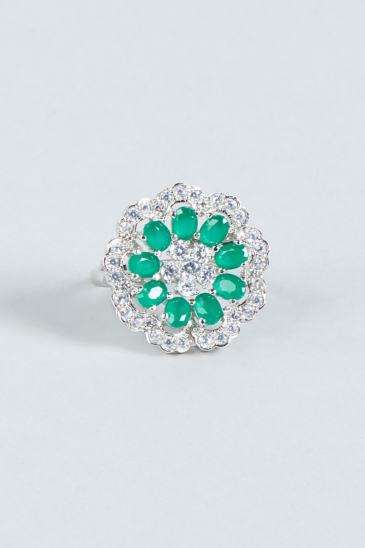 White Finish Green Stone Floral Ring by Aster at Pernia's Pop Up Shop
