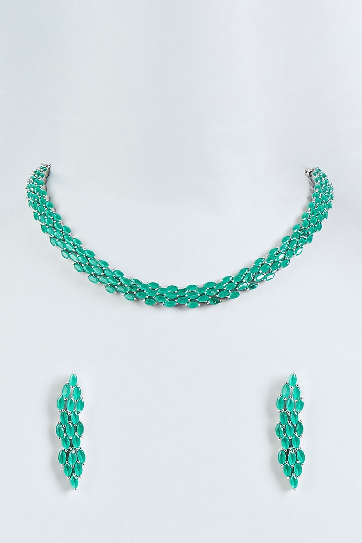 White Finish Faux Diamonds & Green Stone Necklace Set by Aster at Pernia's Pop Up Shop