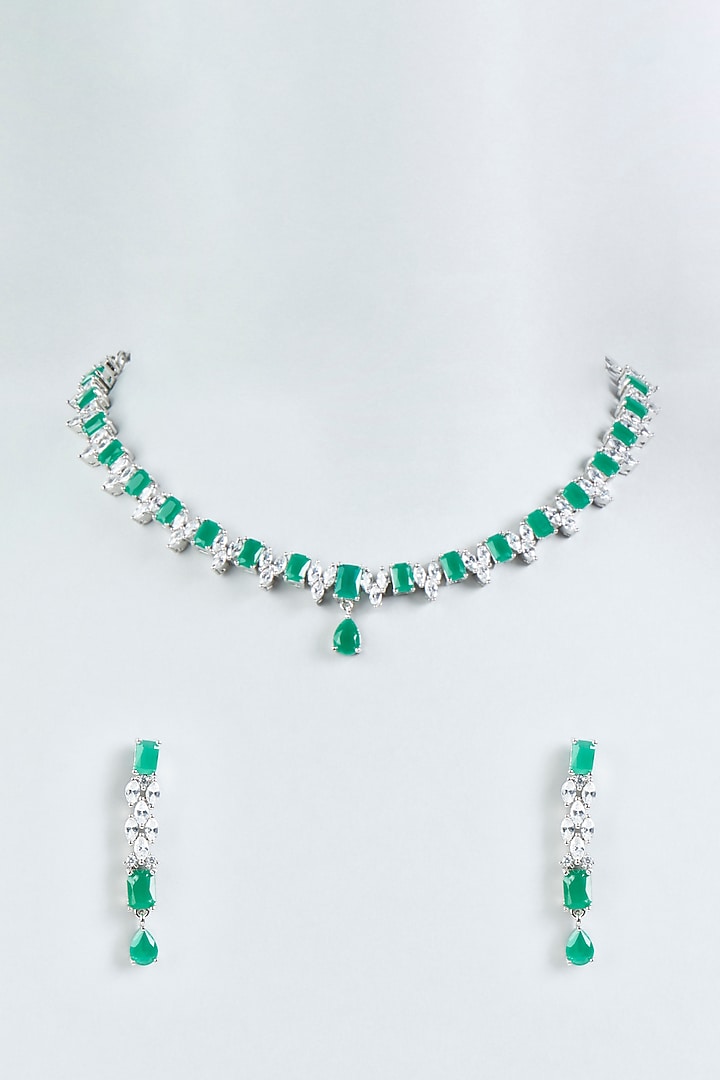 White Finish Green Stone Necklace Set by Aster at Pernia's Pop Up Shop