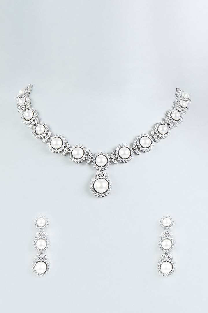 White Finish Zircon & Pearl Studded Necklace Set by Aster at Pernia's Pop Up Shop