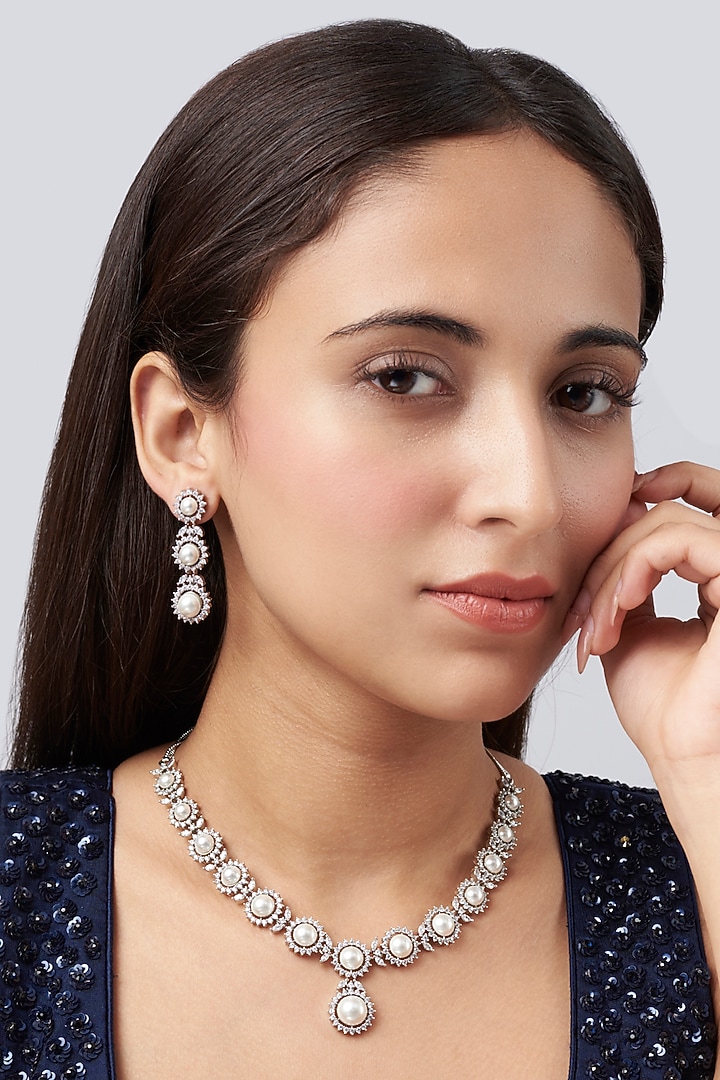 White Finish Zircon & Pearl Studded Necklace Set by Aster at Pernia's Pop Up Shop