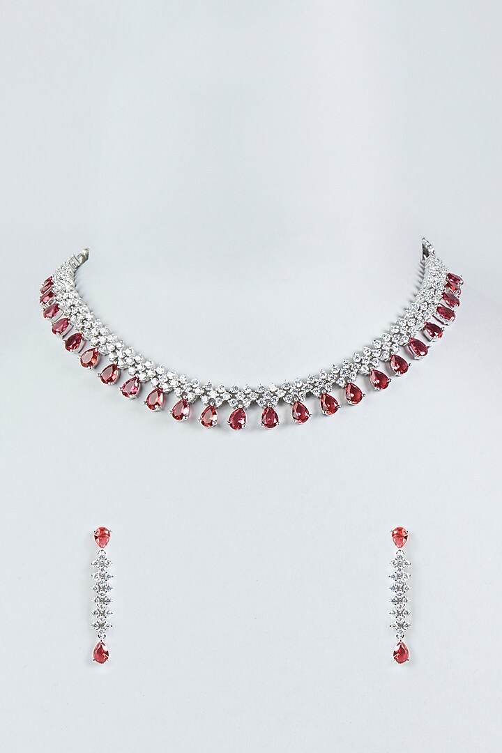 White Finish Faux Diamonds & Red Stone Necklace Set by Aster at Pernia's Pop Up Shop