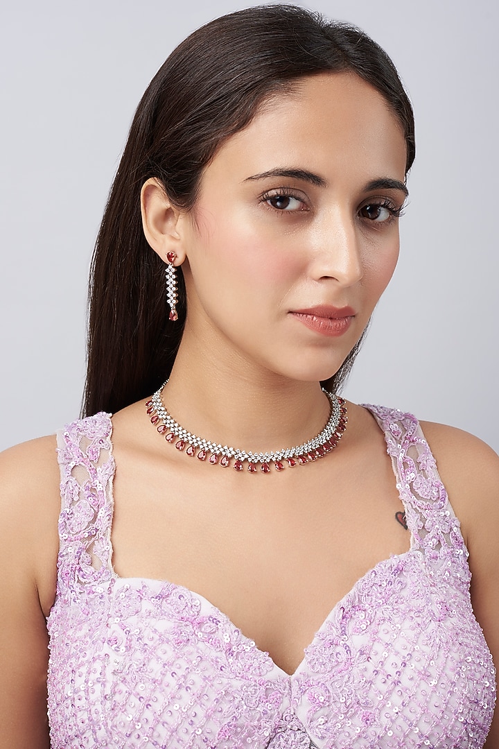 White Finish Faux Diamonds & Red Stone Necklace Set by Aster at Pernia's Pop Up Shop