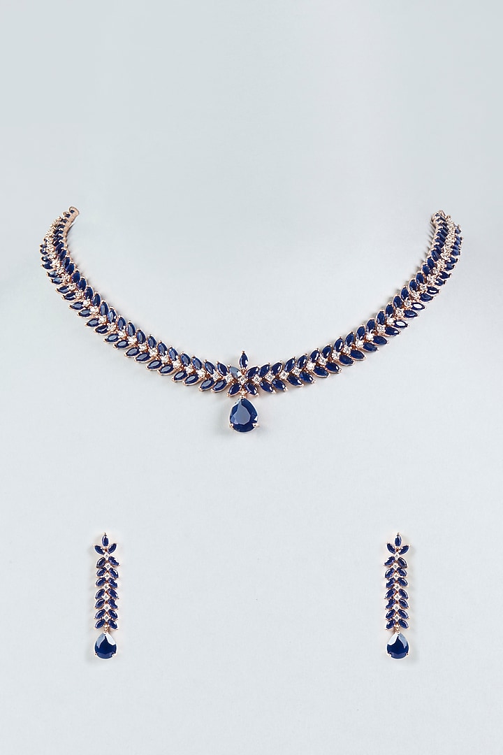 Rose Gold Finish Faux Diamonds & Blue Stone Necklace Set by Aster at Pernia's Pop Up Shop