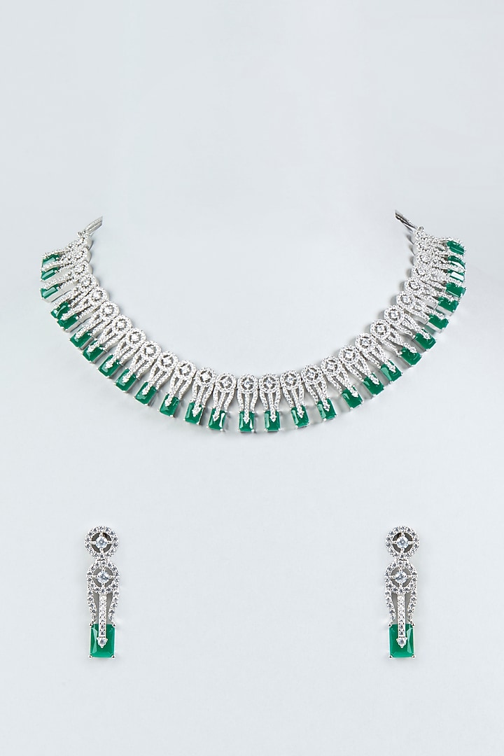 White Finish Zircon & Green Stone Necklace Set by Aster at Pernia's Pop Up Shop