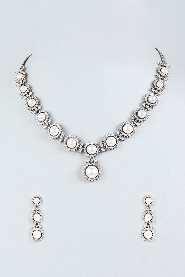Two Tone Finish Zircon & Pearl Necklace Set by Aster at Pernia's Pop Up Shop