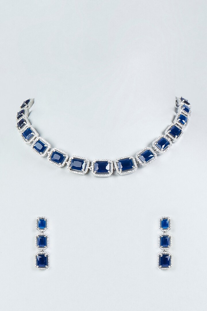 White Finish Faux Diamonds & Blue Stone Necklace Set by Aster at Pernia's Pop Up Shop