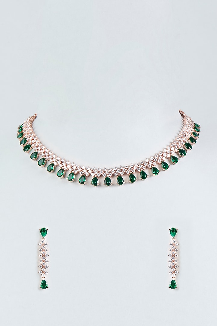 Rose Gold Finish Faux Diamonds & Green Stone Necklace Set by Aster at Pernia's Pop Up Shop