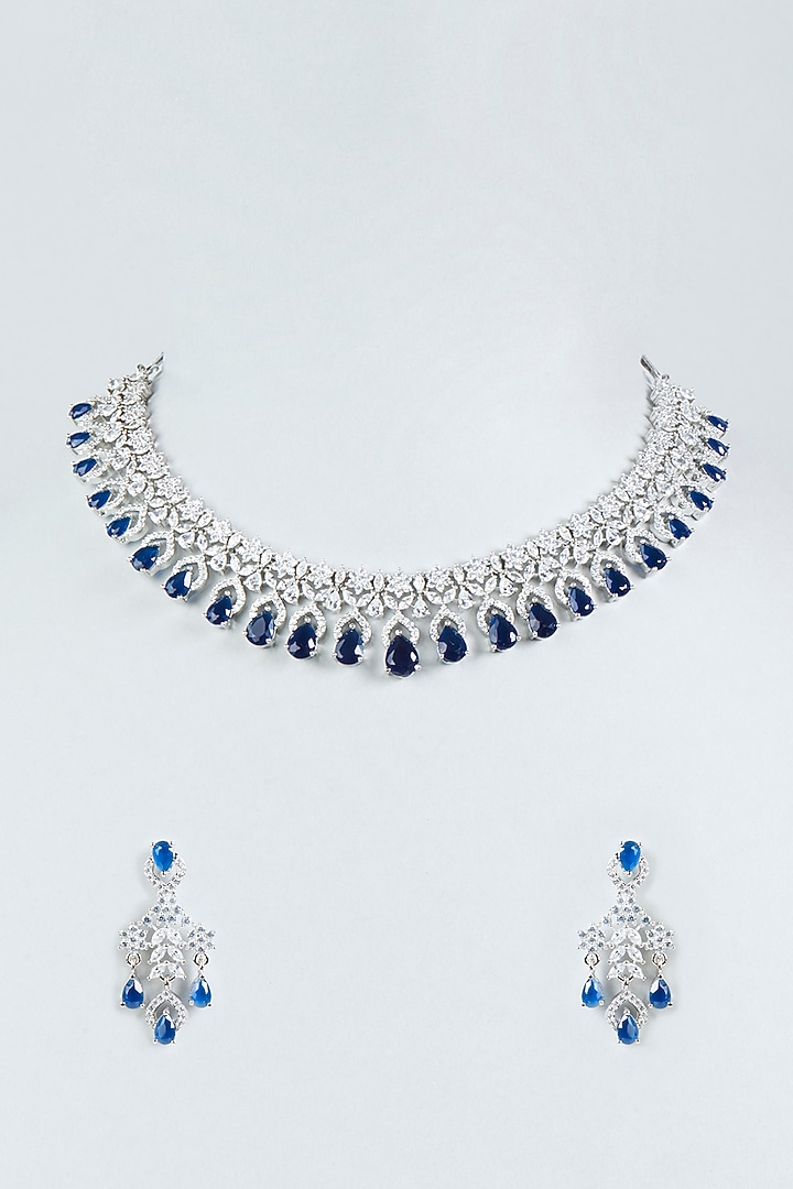 White Finish Faux Diamonds & Blue Stone Necklace Set by Aster at Pernia's Pop Up Shop