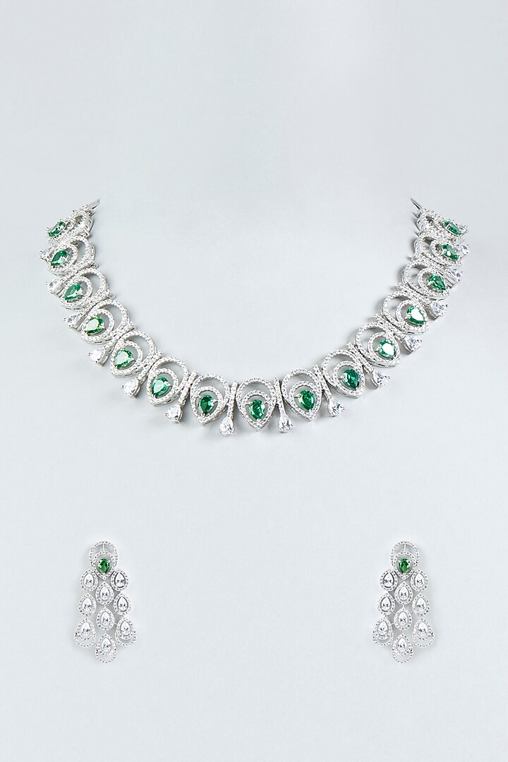 White Finish Faux Diamonds & Green Stone Necklace Set by Aster at Pernia's Pop Up Shop