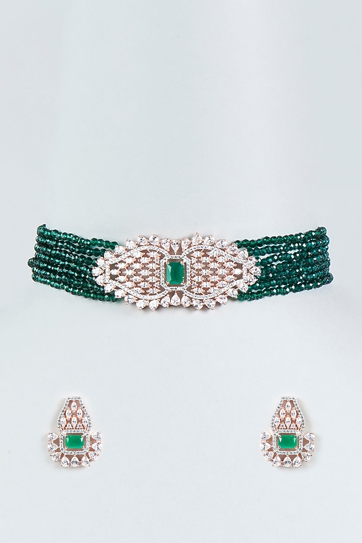 Rose Gold Finish Faux Diamond & Green Stone Choker Necklace Set by Aster at Pernia's Pop Up Shop