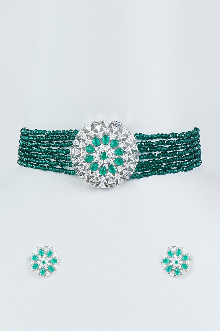 White Finish Faux Diamond & Green Stone Choker Necklace Set by Aster at Pernia's Pop Up Shop