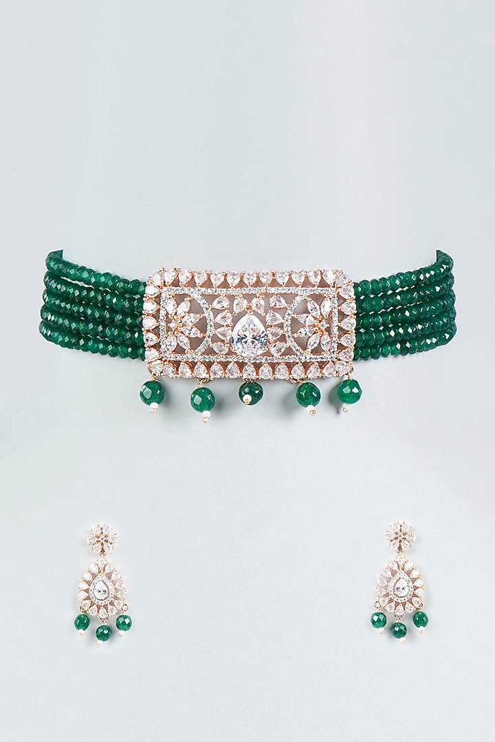 Rose Gold Finish Faux Diamond & Green Stone Choker Necklace Set by Aster at Pernia's Pop Up Shop