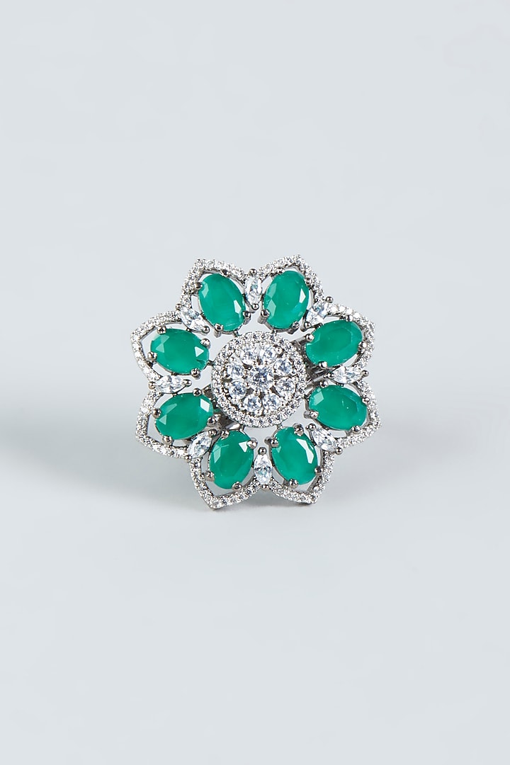 White Finish Ring With Green Synthetic Stones by Aster at Pernia's Pop Up Shop