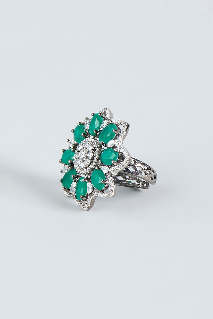 White Finish Ring With Green Synthetic Stones by Aster at Pernia's Pop Up Shop
