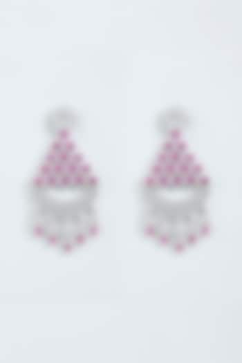 White Finish Faux Diamonds Dangler Earrings With Red Synthetic Stones by Aster