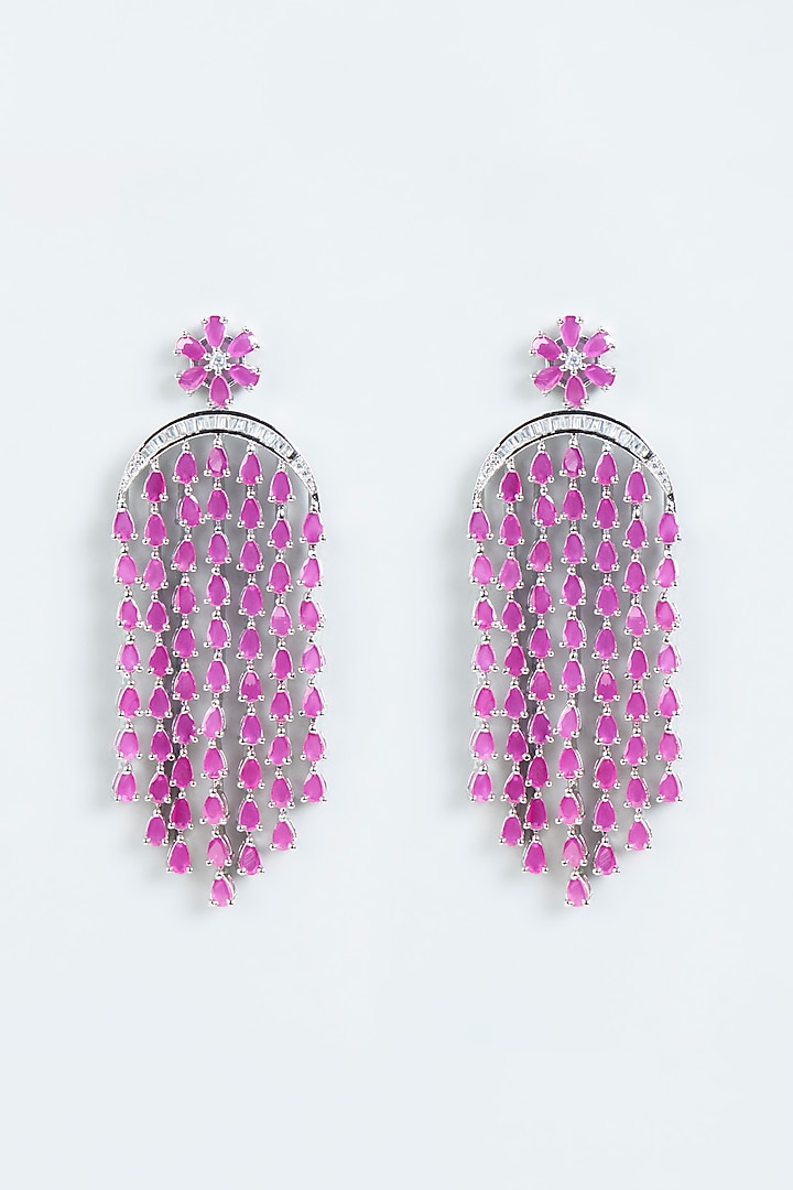White Finish Faux Diamonds Dangler Earrings With Red Synthetic Stones by Aster at Pernia's Pop Up Shop