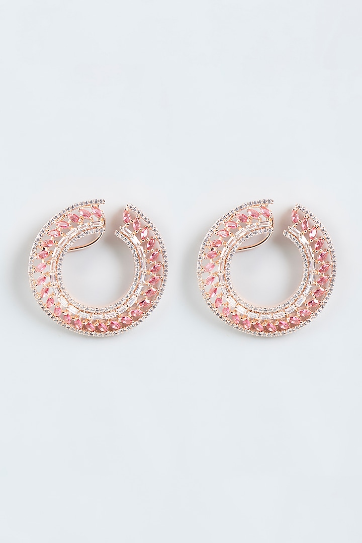 Rose Gold Finish Zircon & Red Synthetic Stone Hoop Earrings by Aster