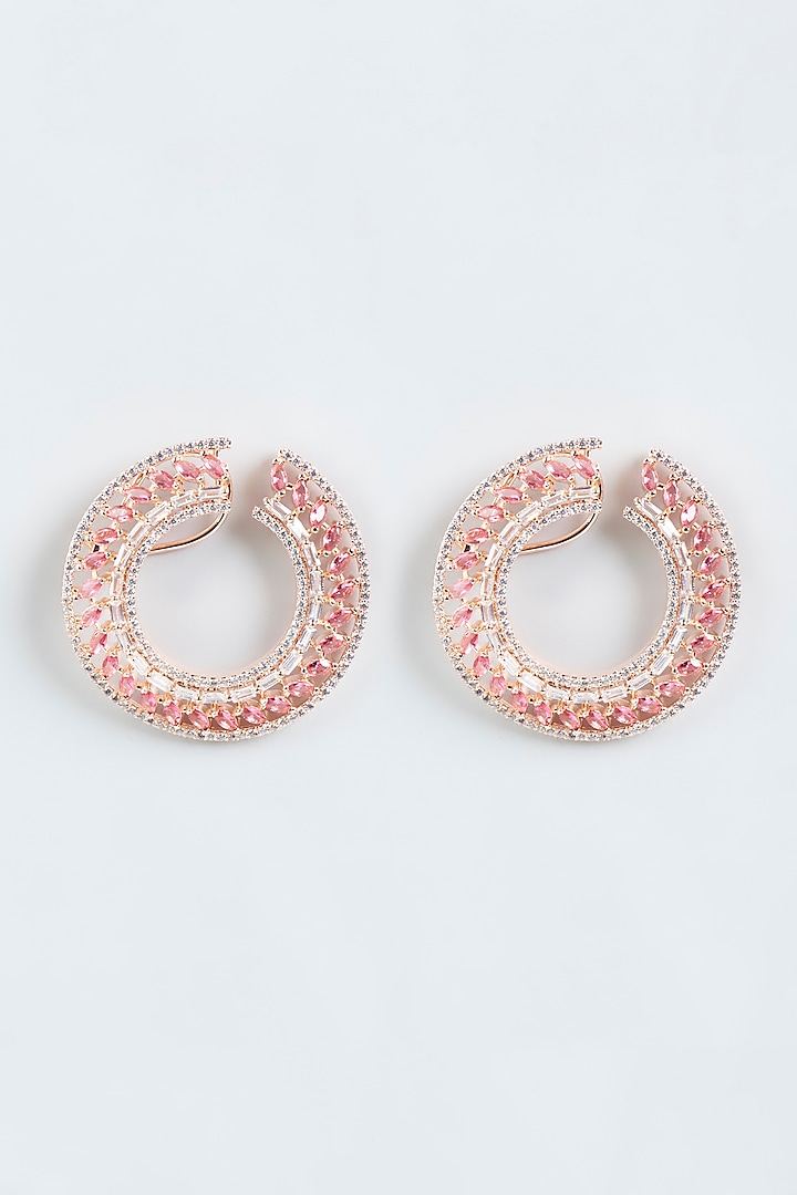 Rose Gold Finish Zircon & Red Synthetic Stone Hoop Earrings by Aster at Pernia's Pop Up Shop