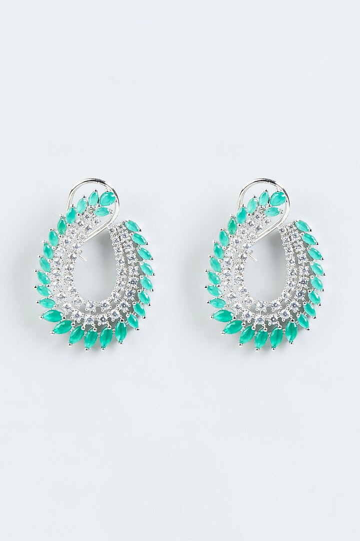 White Finish Green Stone & Zircon Hoop Earrings by Aster at Pernia's Pop Up Shop