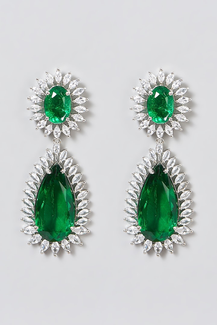 White Finish Green Synthetic Stone & Zircon Dangler Earrings by Aster at Pernia's Pop Up Shop