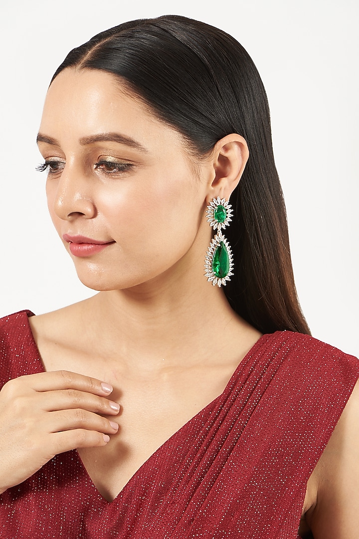 White Finish Green Synthetic Stone & Zircon Dangler Earrings by Aster at Pernia's Pop Up Shop