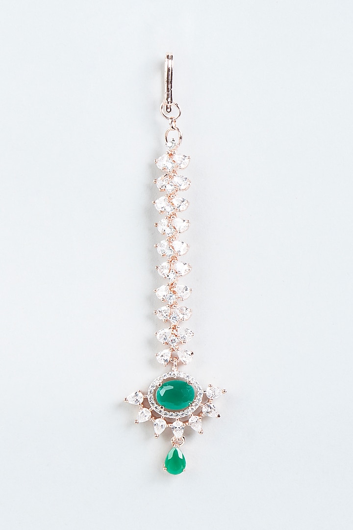 Rose Gold Finish Maang Tikka With Green Stones by Aster