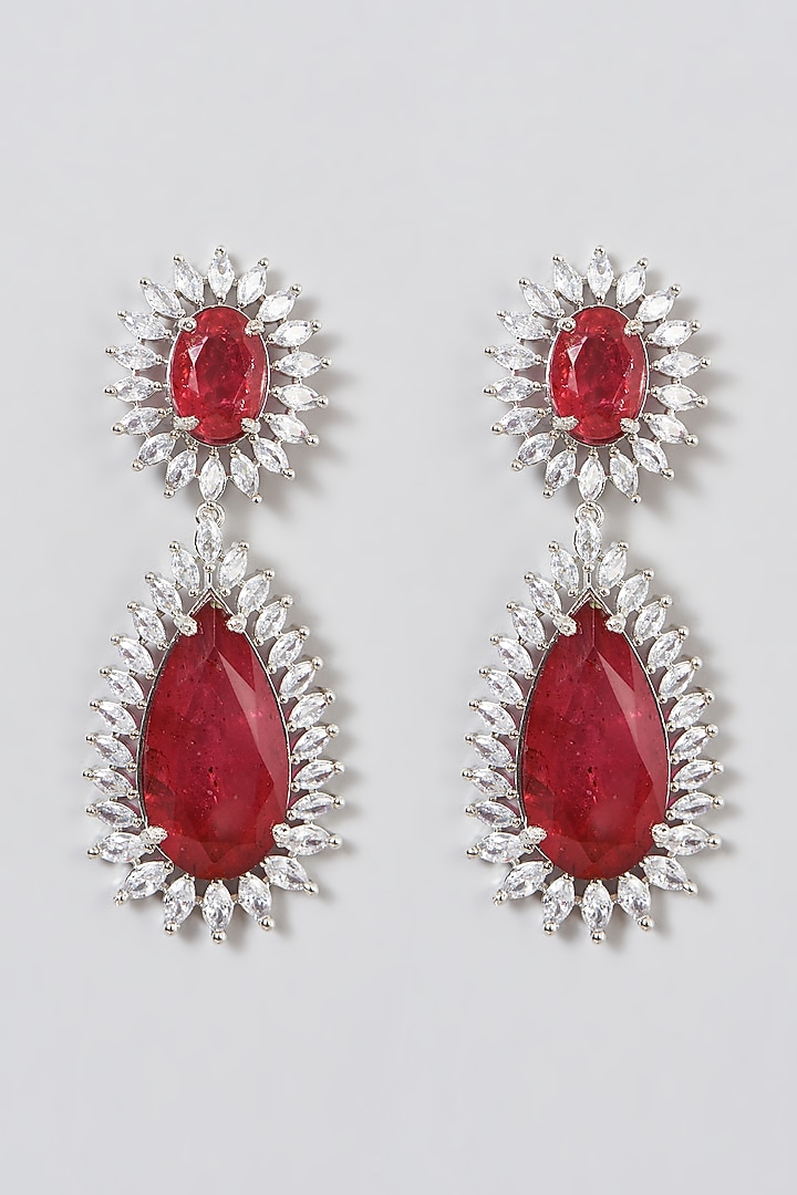 White Finish Red Synthetic Stone & Zircon Dangler Earrings by Aster at Pernia's Pop Up Shop