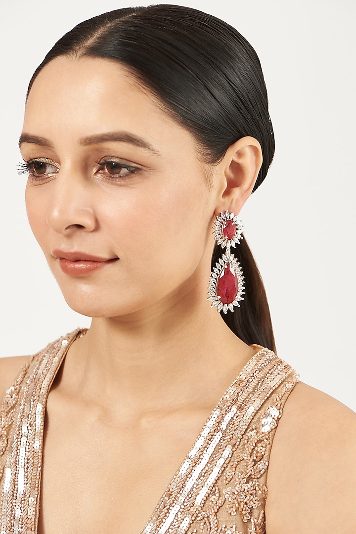 White Finish Red Synthetic Stone & Zircon Dangler Earrings by Aster