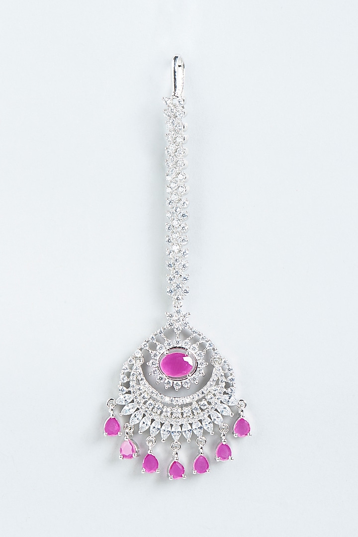 White Finish Maang Tikka With Pink Stones by Aster