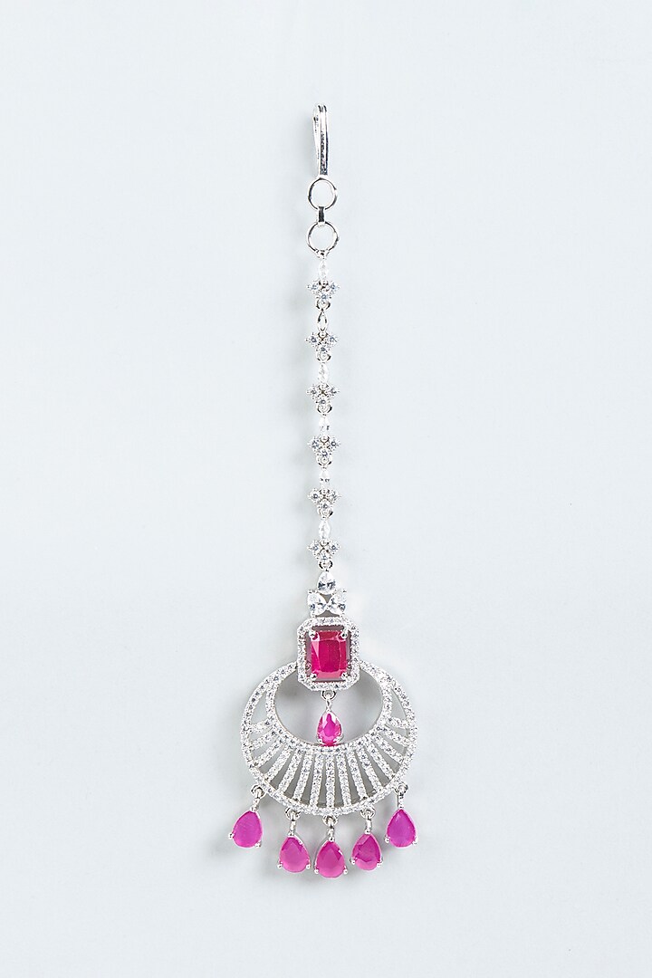 White Finish Zircon & Pink Synthetic Stone Maangtikka by Aster at Pernia's Pop Up Shop