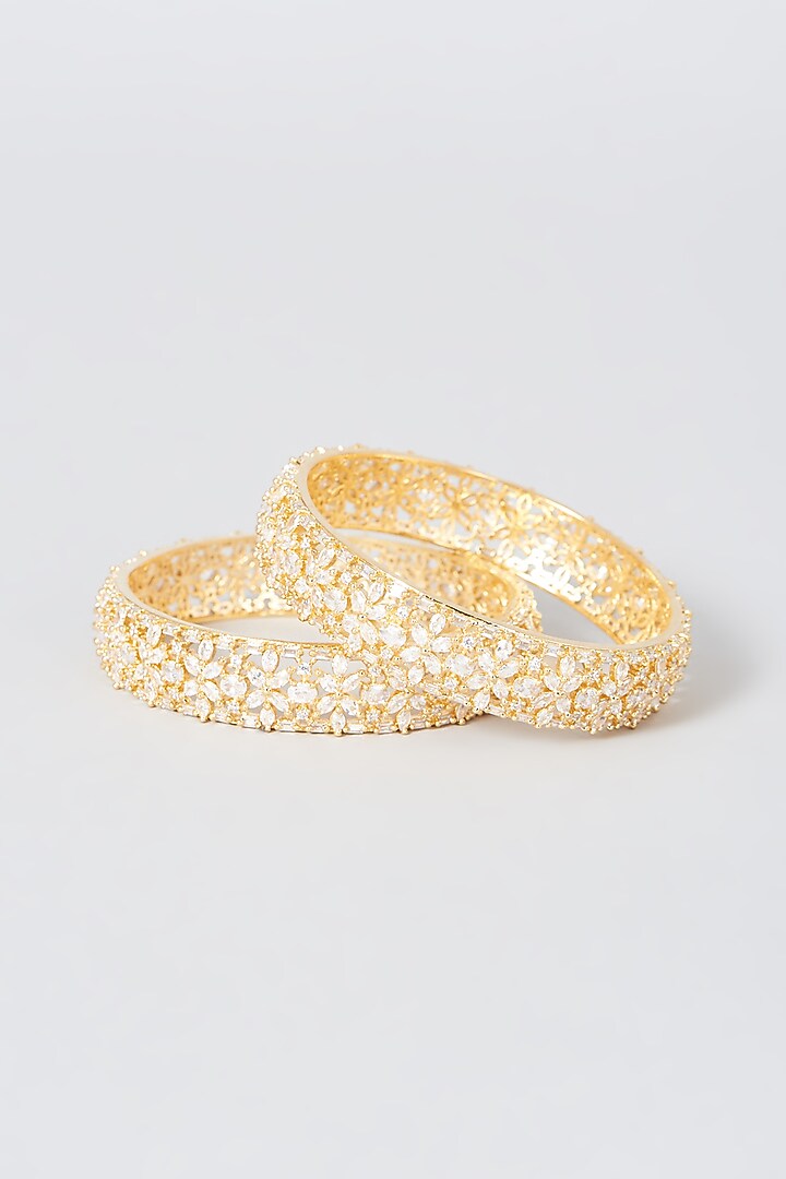 Gold Finish Zircon & Faux Diamond Bangles (Set of 2) by Aster at Pernia's Pop Up Shop