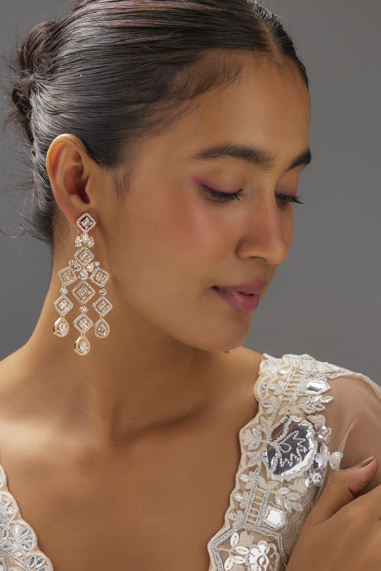 Gold Finish Zircon Dangler Earrings by Aster at Pernia's Pop Up Shop