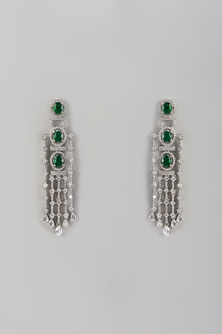 White Finish Zircon & Emerald Stone Dangler Earrings by Aster at Pernia's Pop Up Shop