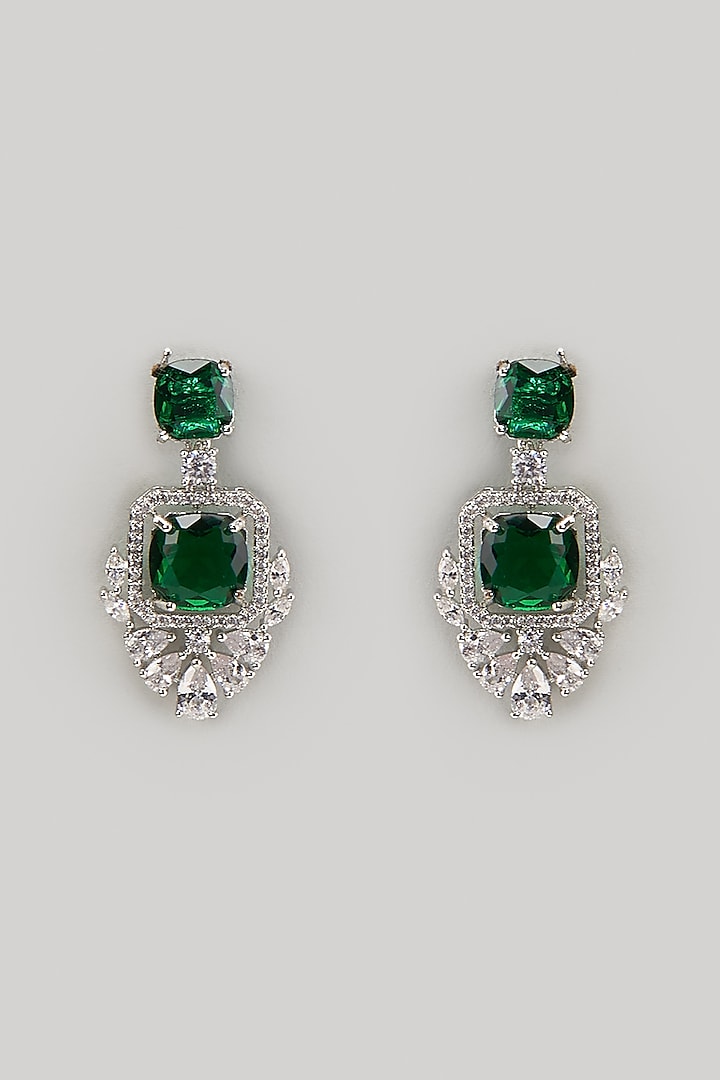 White Finish Zircon & Emerald Stone Dangler Earrings by Aster at Pernia's Pop Up Shop