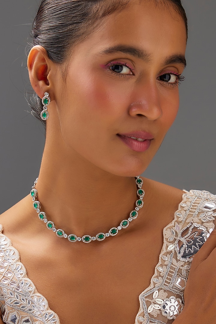 White Finish Zircon & Emerald Stone Necklace Set by Aster at Pernia's Pop Up Shop
