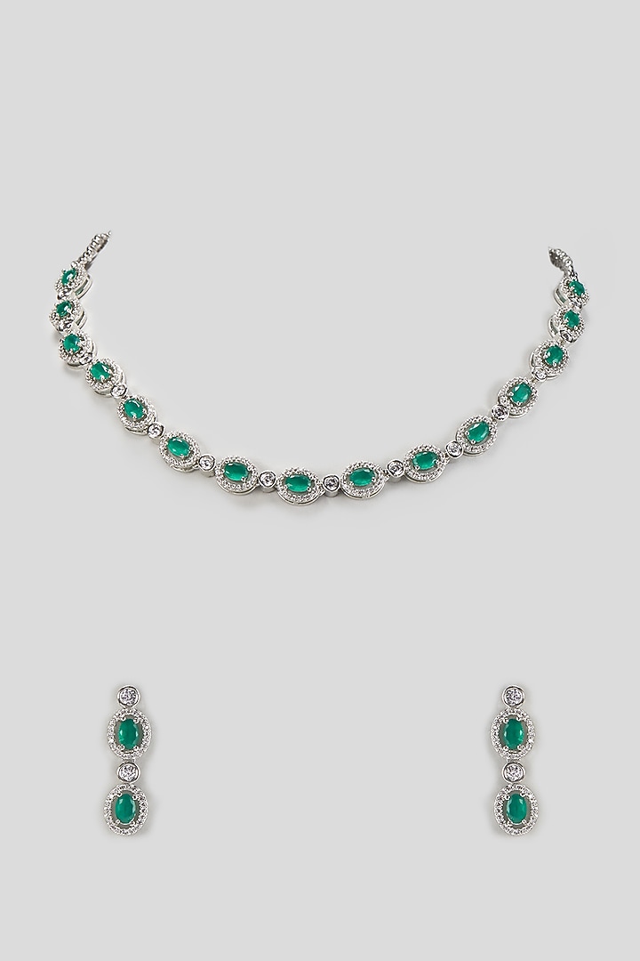 White Finish Zircon & Emerald Stone Necklace Set by Aster at Pernia's Pop Up Shop