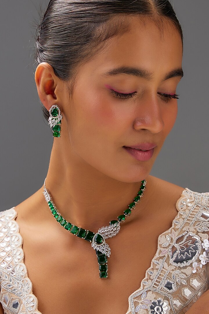 White Finish Zircon & Emerald Stone Necklace Set by Aster at Pernia's Pop Up Shop
