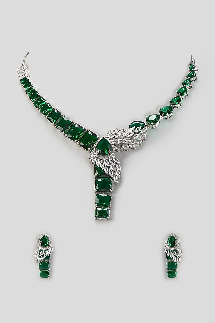 White Finish Zircon & Emerald Stone Necklace Set by Aster at Pernia's Pop Up Shop