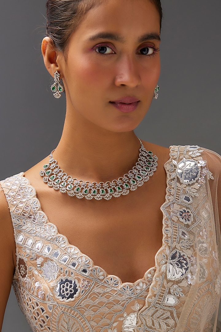 White Finish Zircon & Emerald Stone Necklace Set by Aster at Pernia's Pop Up Shop