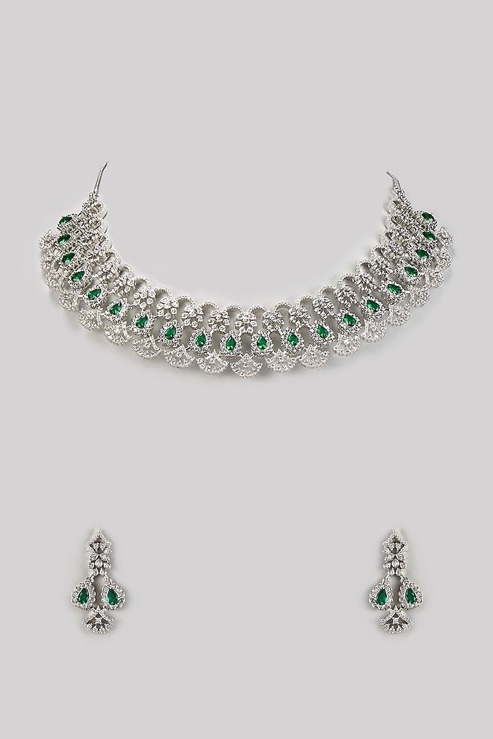 White Finish Zircon & Emerald Stone Necklace Set by Aster at Pernia's Pop Up Shop