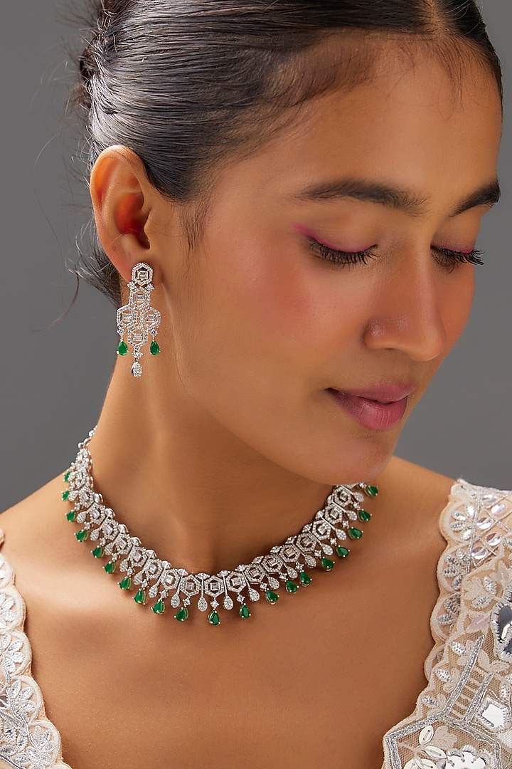 White Finish Zircon & Emerald Stone Necklace Set by Aster at Pernia's Pop Up Shop